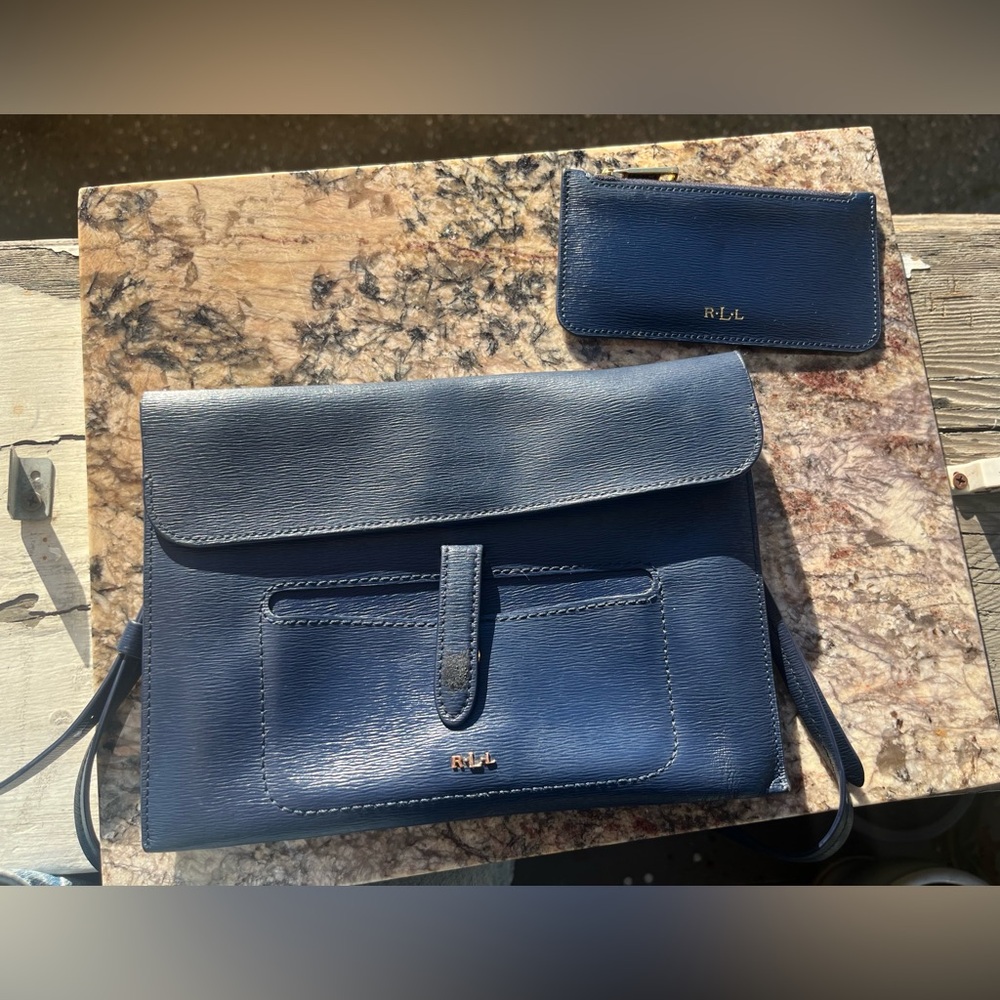 Lauren Ralph Lauren Navy Blue Leather Crossbody Purse with Matching Zip Pouch